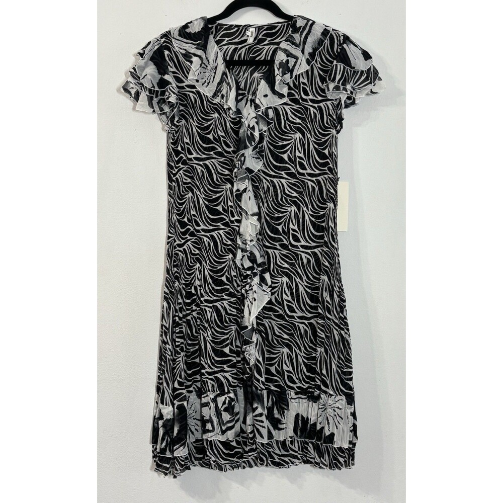 Lindi Sheer Pleated Wave Print Ruffle Dress Size Large Black White Art to Wear